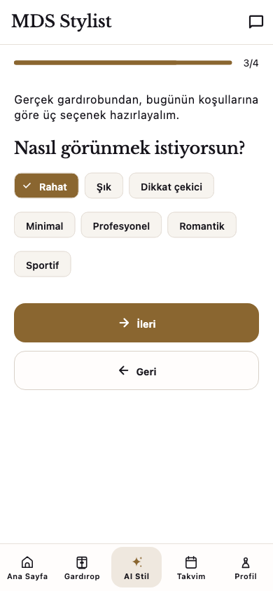 MDS Stylist ekranında stil tercihi
